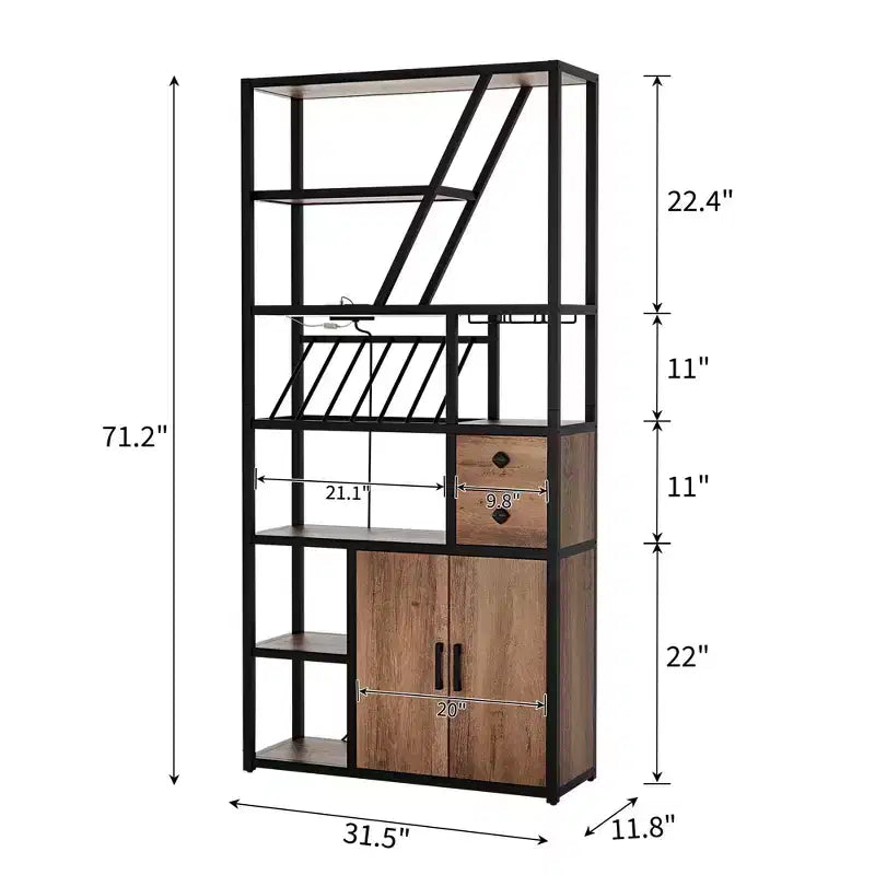 Mobile bar alto da 71 con luce LED, portabottiglie industriale con portabicchieri, mobile bar per liquori con ante, supporto per microonde e scaffale da forno