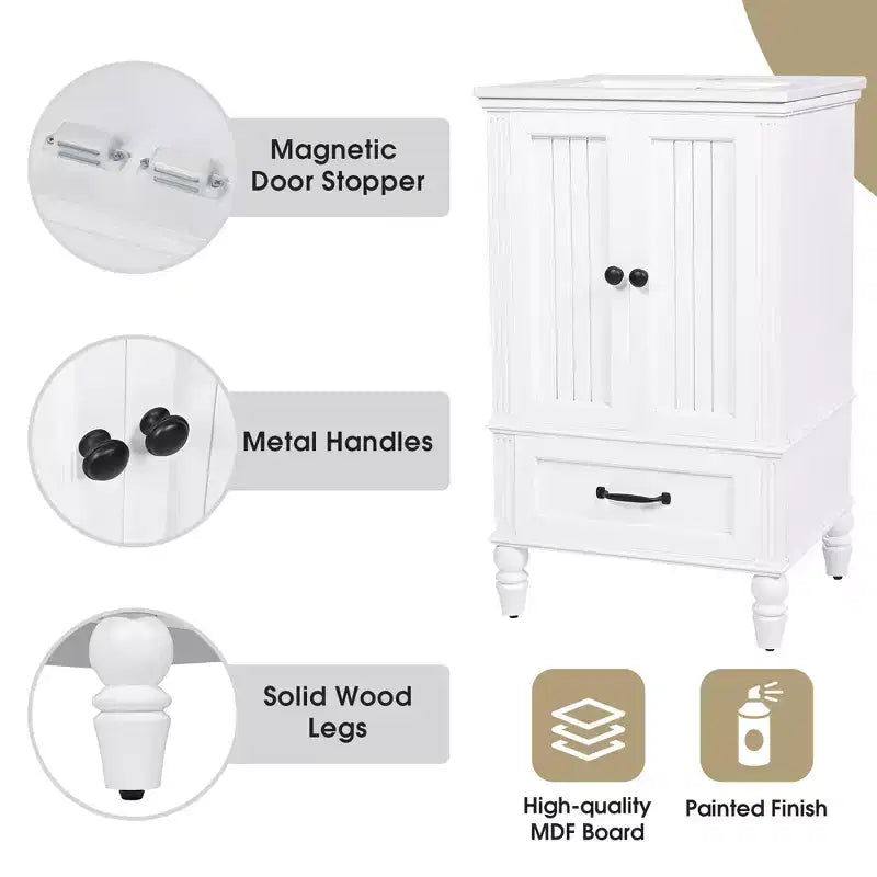 Mobile bagno compatto da 20 con lavabo e spazio contenitivo, mobiletto da pavimento in legno con cassetti e ante, bianco