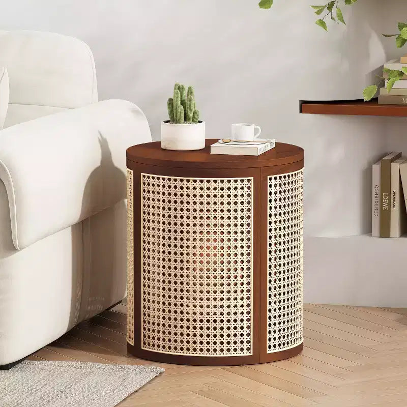 Tavolino rotondo in rattan e legno massello di gomma, tavolino da 15,7