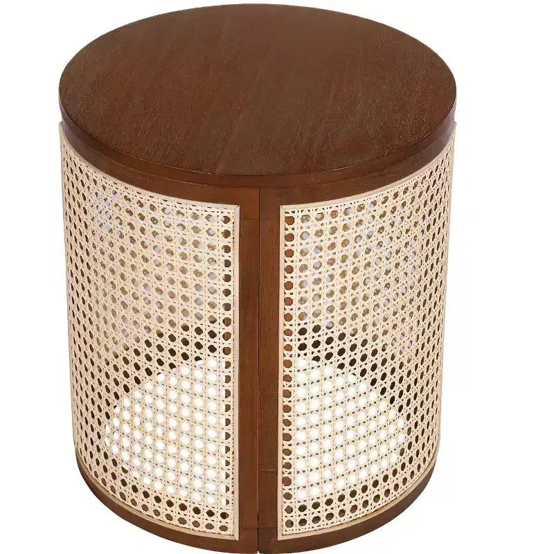 Tavolino rotondo in rattan e legno massello di gomma, tavolino da 15,7
