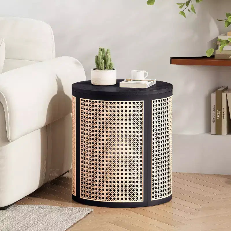 Tavolino rotondo in rattan e legno massello di gomma, tavolino da 15,7