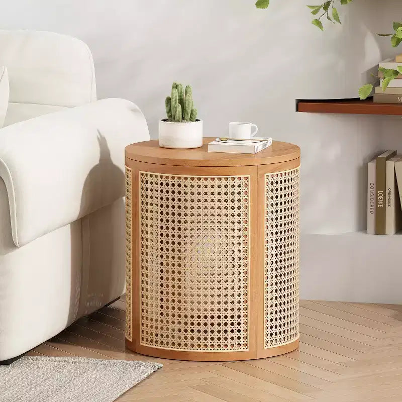 Tavolino rotondo in rattan e legno massello di gomma, tavolino da 15,7