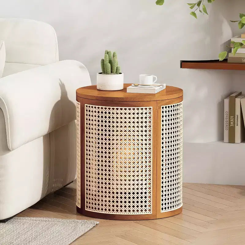 Tavolino rotondo in rattan e legno massello di gomma, tavolino da 15,7