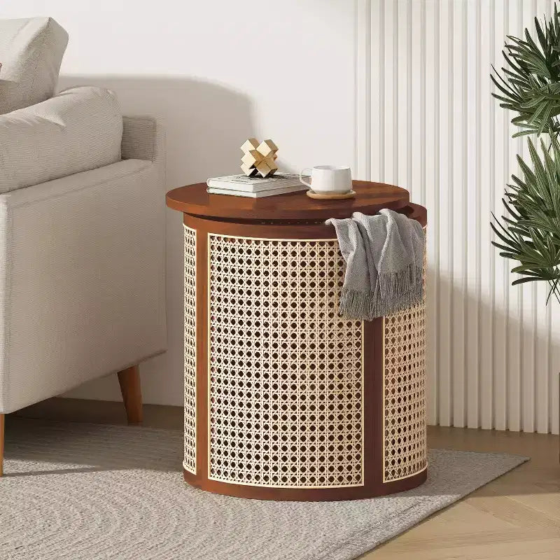 Okrągły stolik boczny z rattanu, litego drewna kauczukowego, stolik akcentujący, 15.7 End Table