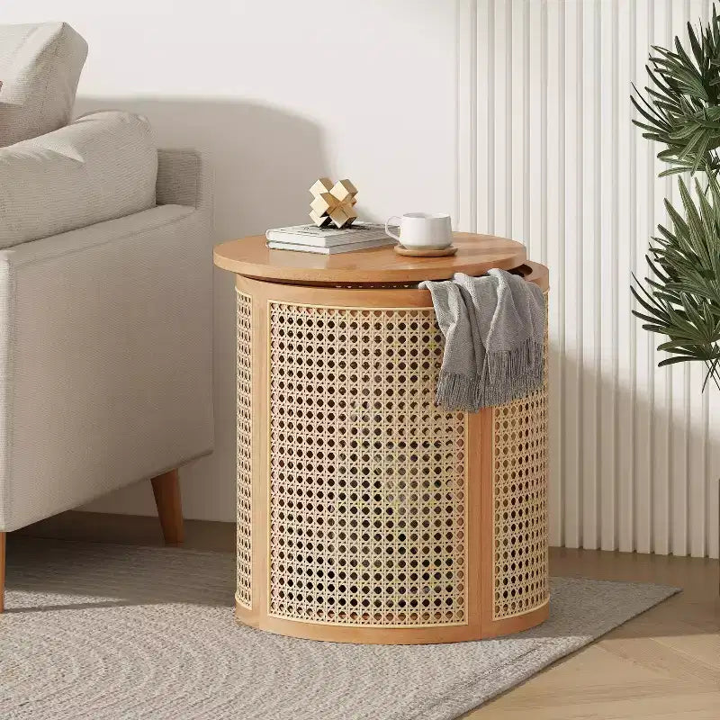 Okrągły stolik boczny z rattanu, litego drewna kauczukowego, stolik akcentujący, 15.7 End Table