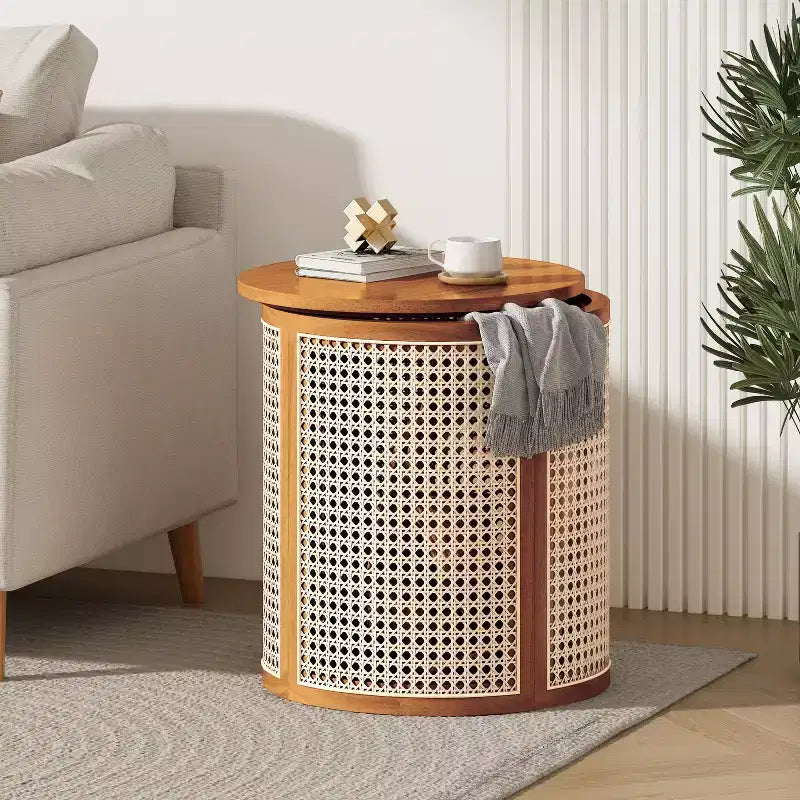 Okrągły stolik boczny z rattanu, litego drewna kauczukowego, stolik akcentujący, 15.7 End Table