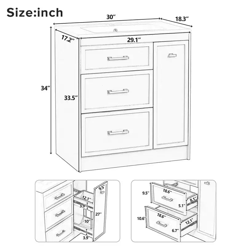 Mobile lavabo piccolo da bagno da 30 con spazio contenitivo, mobile da pavimento con cassetti per spazi ridotti, verde