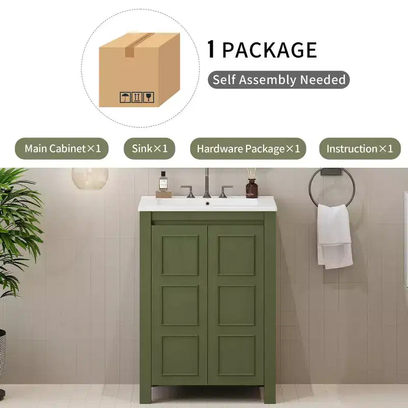 Mobile lavabo piccolo da bagno da 24 con ante a chiusura rallentata, mobile da bagno freestanding con ripiano regolabile, verde oliva