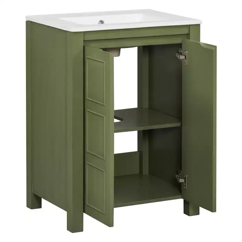 Mobile lavabo piccolo da bagno da 24 con ante a chiusura rallentata, mobile da bagno freestanding con ripiano regolabile, verde oliva