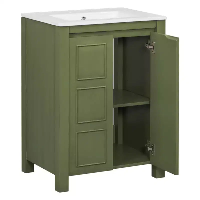Mobile lavabo piccolo da bagno da 24 con ante a chiusura rallentata, mobile da bagno freestanding con ripiano regolabile, verde oliva