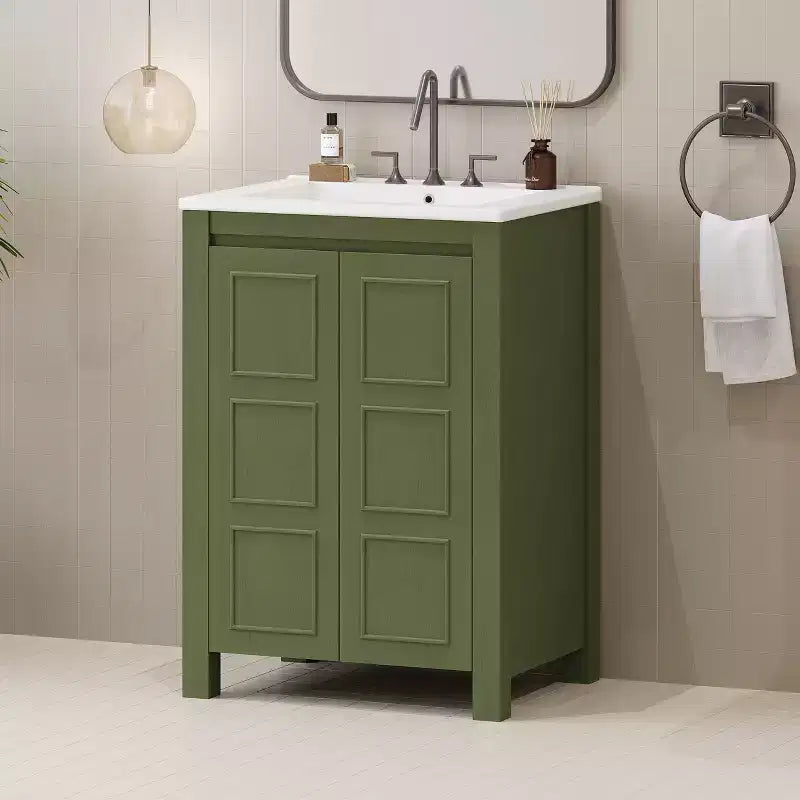 Mobile lavabo piccolo da bagno da 24 con ante a chiusura rallentata, mobile da bagno freestanding con ripiano regolabile, verde oliva