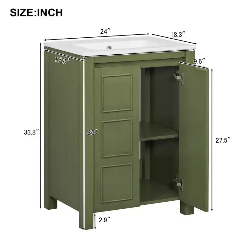 Mobile lavabo piccolo da bagno da 24 con ante a chiusura rallentata, mobile da bagno freestanding con ripiano regolabile, verde oliva