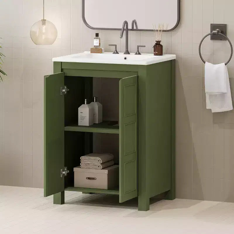 Mobile lavabo piccolo da bagno da 24 con ante a chiusura rallentata, mobile da bagno freestanding con ripiano regolabile, verde oliva