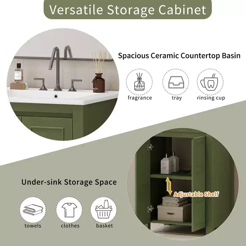 Mobile lavabo piccolo da bagno da 24 con ante a chiusura rallentata, mobile da bagno freestanding con ripiano regolabile, verde oliva