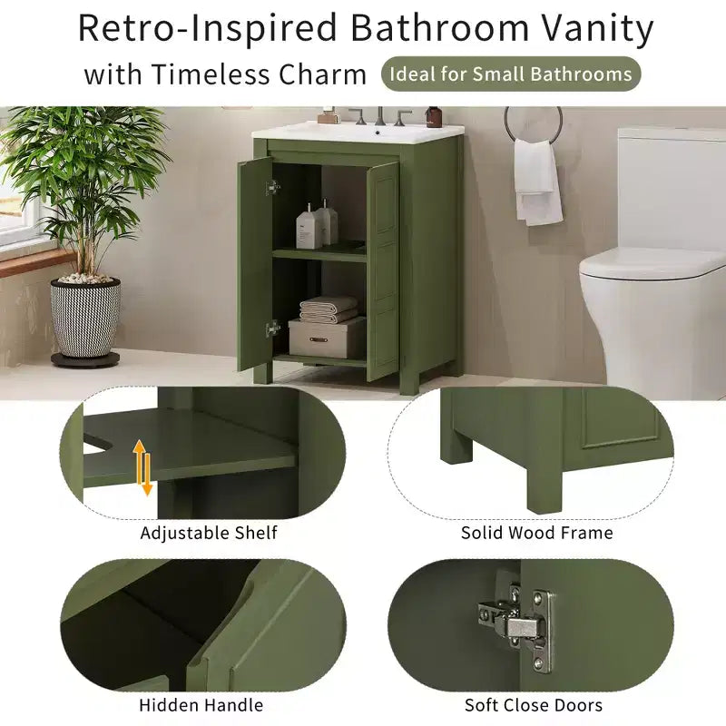 Mobile lavabo piccolo da bagno da 24 con ante a chiusura rallentata, mobile da bagno freestanding con ripiano regolabile, verde oliva