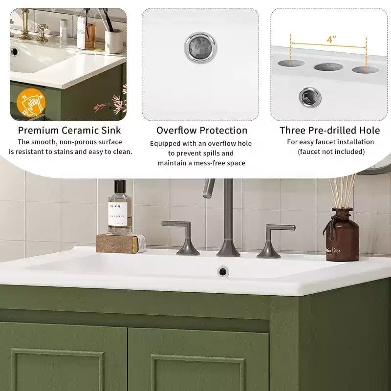 Mobile lavabo piccolo da bagno da 24 con ante a chiusura rallentata, mobile da bagno freestanding con ripiano regolabile, verde oliva