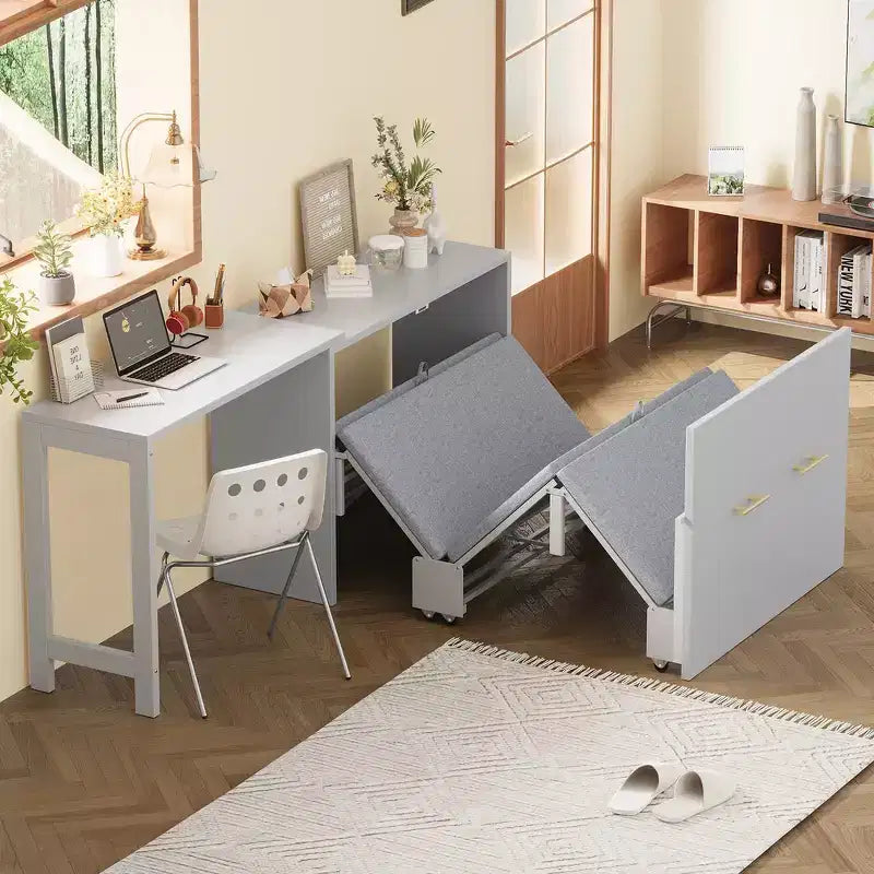 Struttura letto a scomparsa a mobile, letto a cassettiera con scrivania regolabile e cuscino pieghevole