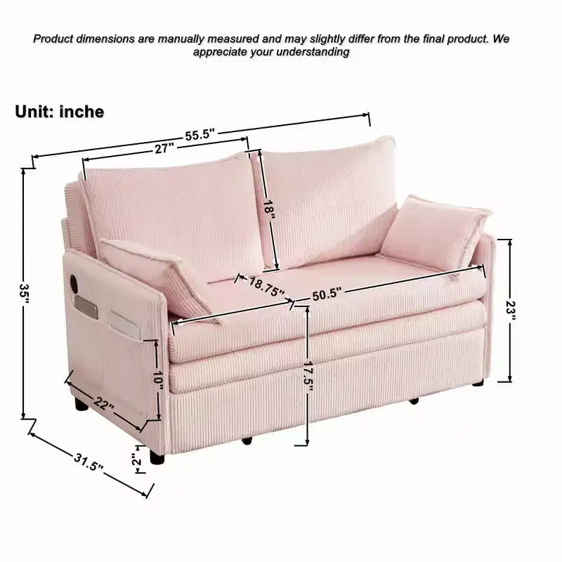 Divano letto trasformabile in 3 in 1 in velluto a coste con USB e tasca laterale, divano letto estraibile singolo per camera degli ospiti o appartamento