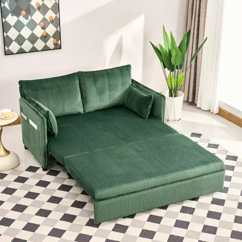 Rozkładana sofa 3 w 1 ze sztruksu z portem USB i boczną kieszenią do przechowywania, rozkładana kanapa z łóżkiem pojedynczym do pokoju gościnnego lub mieszkania