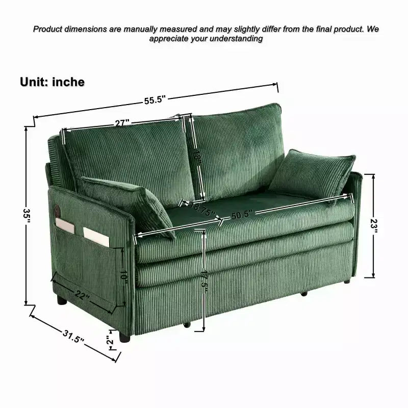 Divano letto trasformabile in 3 in 1 in velluto a coste con USB e tasca laterale, divano letto estraibile singolo per camera degli ospiti o appartamento