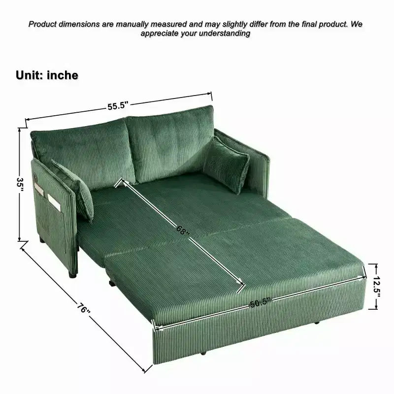 Divano letto trasformabile in 3 in 1 in velluto a coste con USB e tasca laterale, divano letto estraibile singolo per camera degli ospiti o appartamento