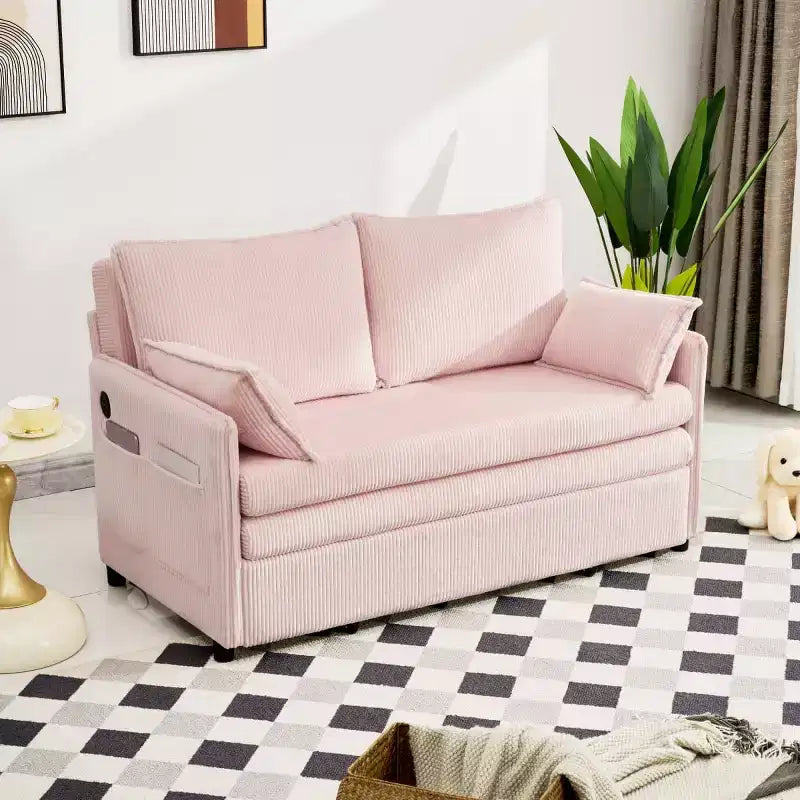 Rozkładana sofa 3 w 1 ze sztruksu z portem USB i boczną kieszenią do przechowywania, rozkładana kanapa z łóżkiem pojedynczym do pokoju gościnnego lub mieszkania