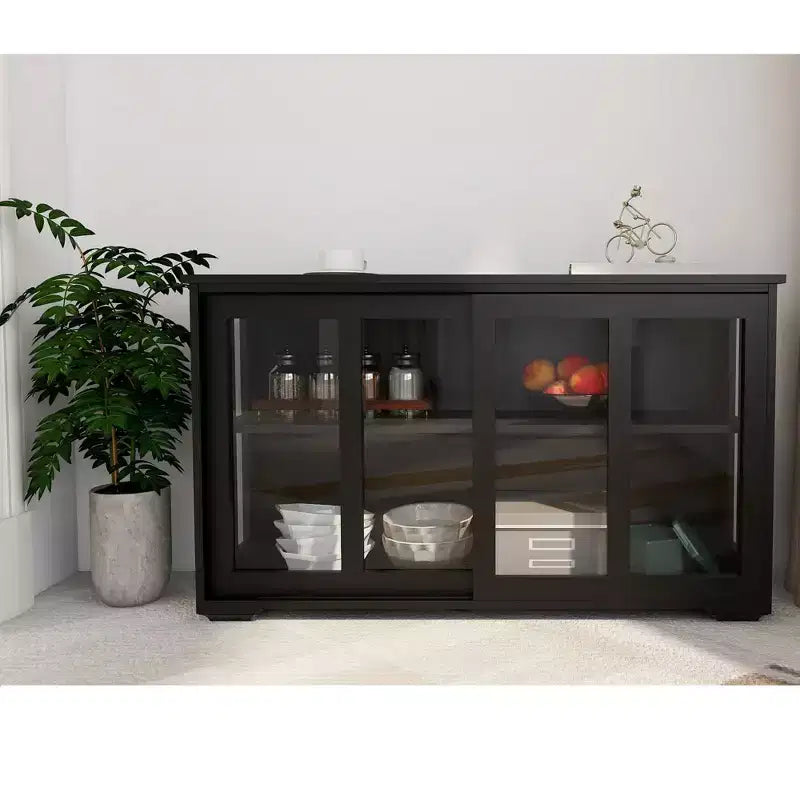 Credenza da cucina con ante scorrevoli in vetro, scaffale regolabile a 2 livelli, madia per cucina, sala da pranzo e soggiorno