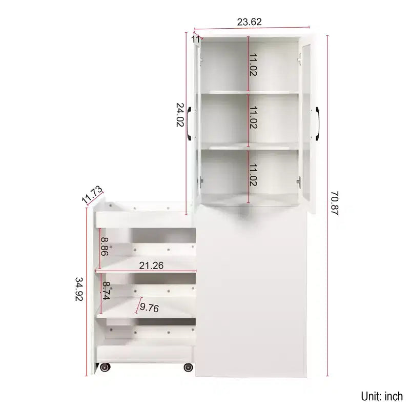 Vetrina contenitore da 70.87in con ripiano estraibile multifunzione a 4 livelli e 2 ante in vetro, dispensa moderna in legno per soggiorno e sala da pranzo