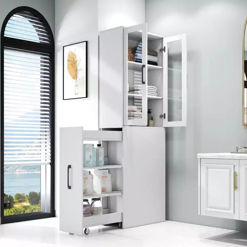 Vetrina contenitore da 70.87in con ripiano estraibile multifunzione a 4 livelli e 2 ante in vetro, dispensa moderna in legno per soggiorno e sala da pranzo