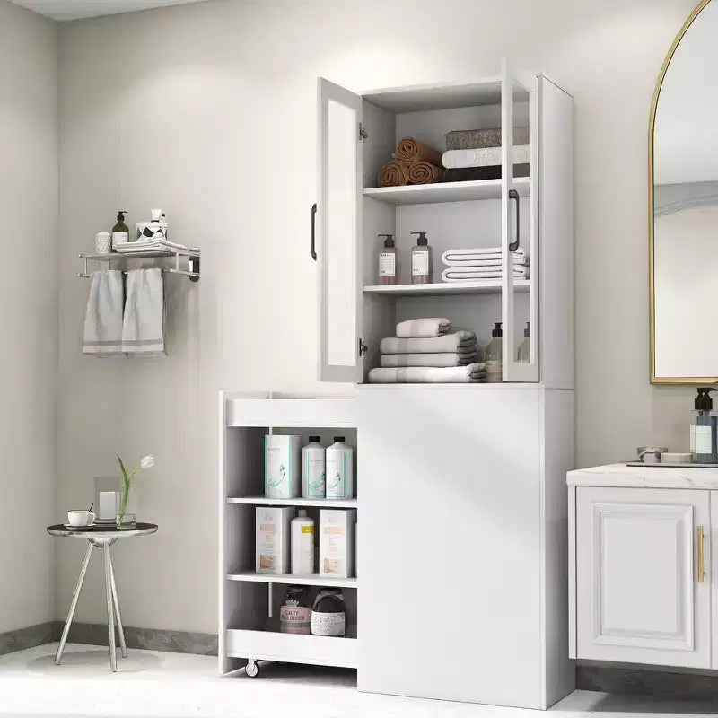 Vetrina contenitore da 70.87in con ripiano estraibile multifunzione a 4 livelli e 2 ante in vetro, dispensa moderna in legno per soggiorno e sala da pranzo
