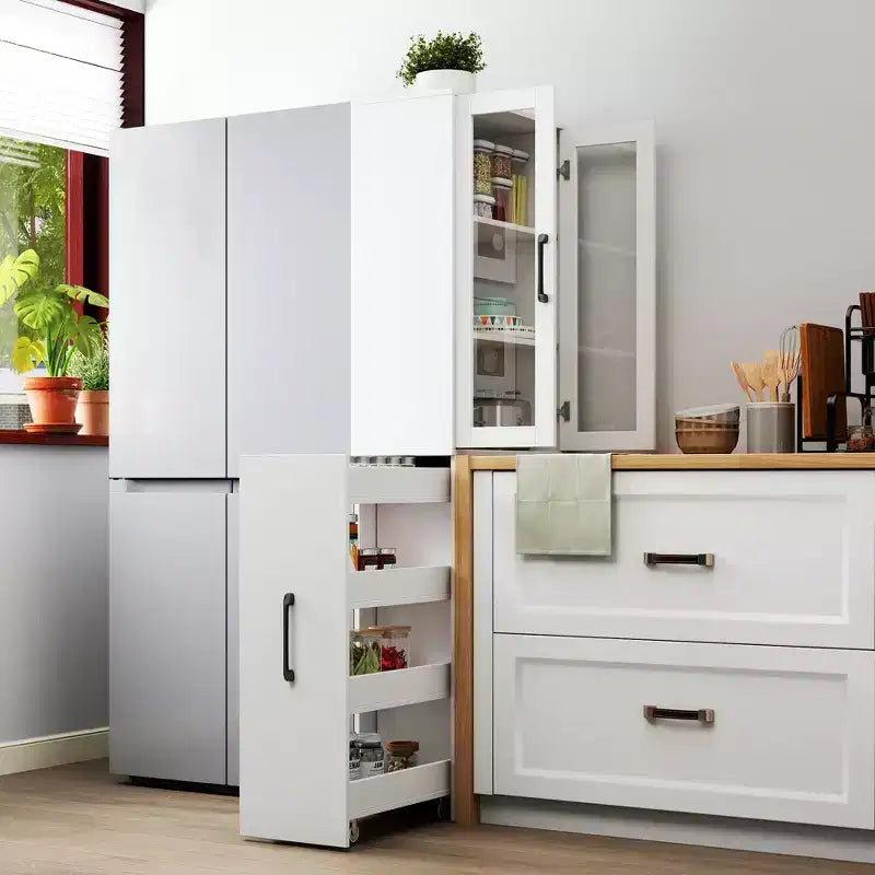 Vetrina contenitore da 70.87in con ripiano estraibile multifunzione a 4 livelli e 2 ante in vetro, dispensa moderna in legno per soggiorno e sala da pranzo