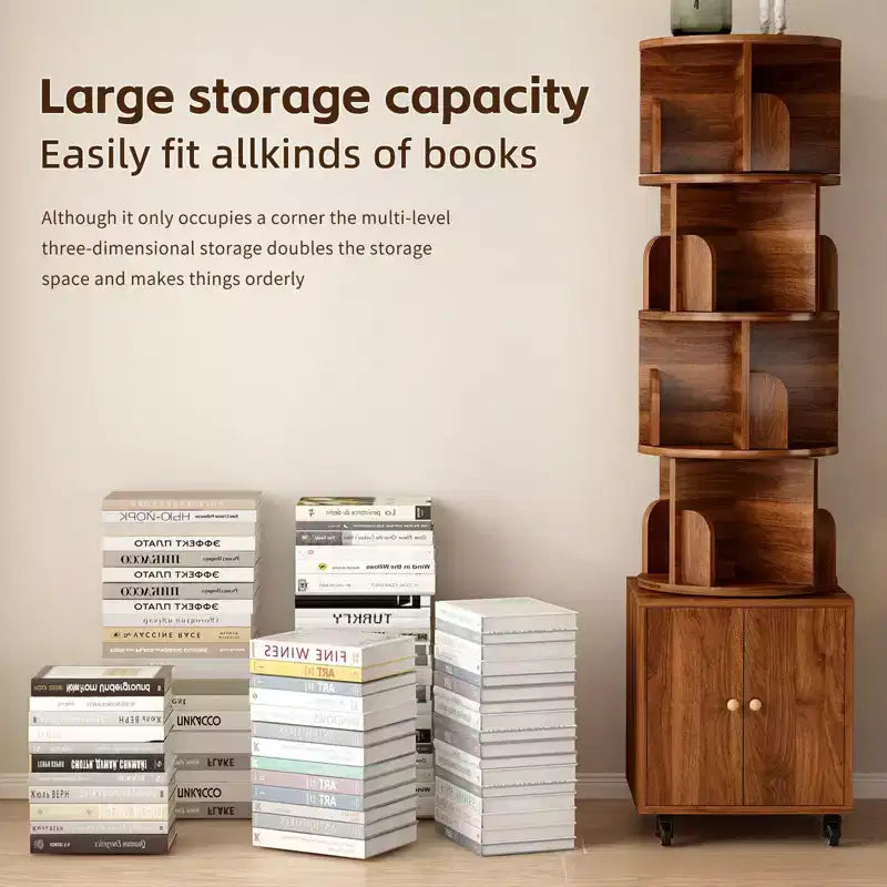Libreria girevole, espositore a 360 gradi a 5 ripiani ad angolo con cassetto, per spazi piccoli, libreria a pavimento, scaffale contenitore in legno, organizer stretto