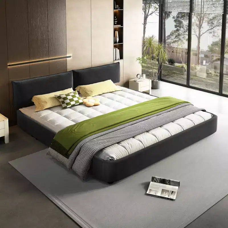 Struttura letto in metallo con ampio testiera imbottita e mobile, angoli arrotondati, doghe solide in legno, doppio supporto, grigio scuro