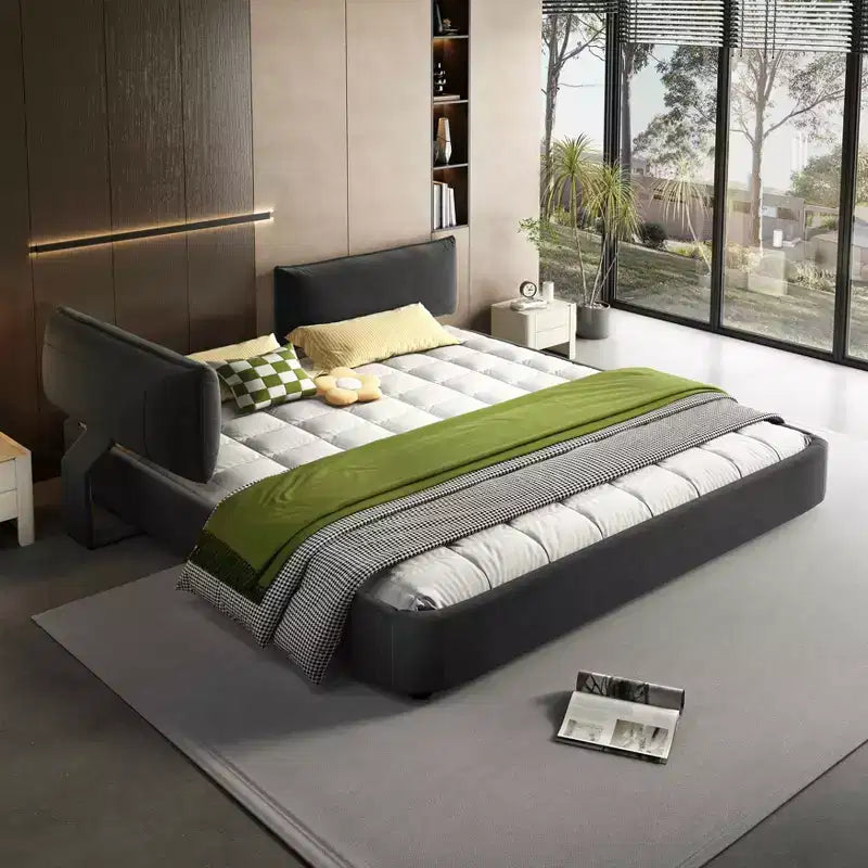 Bed Frame with Oversized Padded Movable Headboard, Round Corner, Metal Solid Wooden Slat Double Support Dark Gray