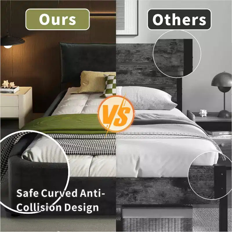 Bed Frame with Oversized Padded Movable Headboard, Round Corner, Metal Solid Wooden Slat Double Support Dark Gray