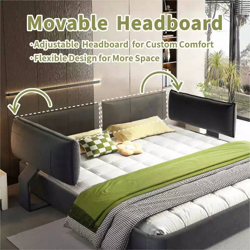 Bed Frame with Oversized Padded Movable Headboard, Round Corner, Metal Solid Wooden Slat Double Support Dark Gray