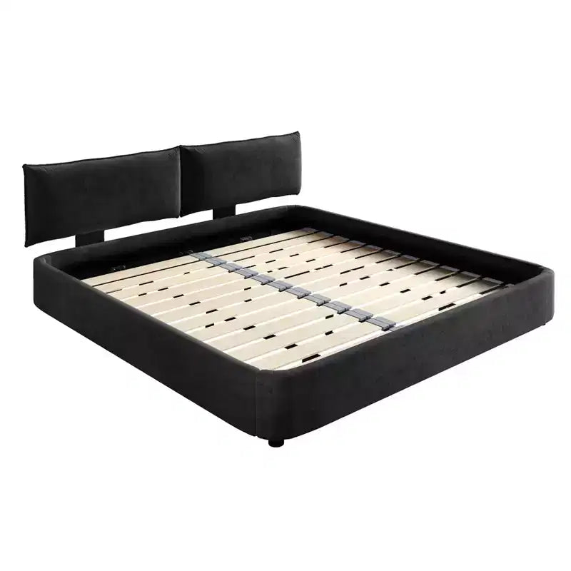 Bed Frame with Oversized Padded Movable Headboard, Round Corner, Metal Solid Wooden Slat Double Support Dark Gray