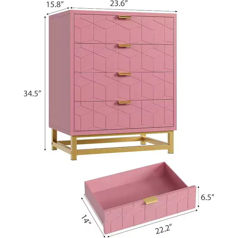 Cassettiera rosa per camera da letto, in legno con 4 cassetti e maniglie dorate, moderna, con vani portaoggetti, per corridoio e ingresso