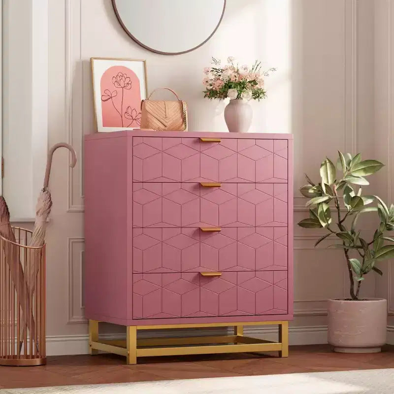 Cassettiera rosa per camera da letto, in legno con 4 cassetti e maniglie dorate, moderna, con vani portaoggetti, per corridoio e ingresso