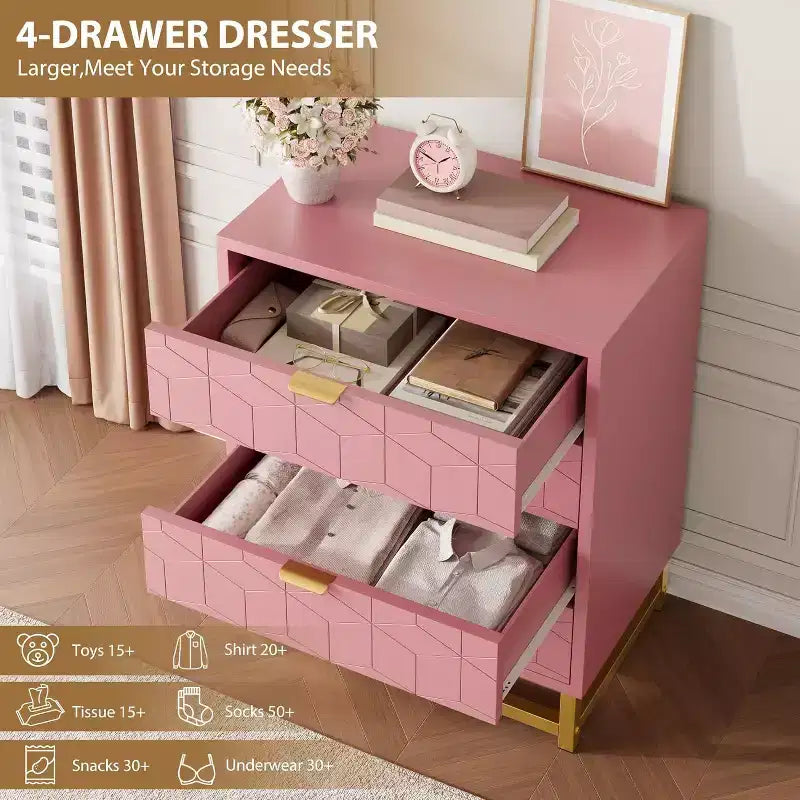 Cassettiera rosa per camera da letto, in legno con 4 cassetti e maniglie dorate, moderna, con vani portaoggetti, per corridoio e ingresso