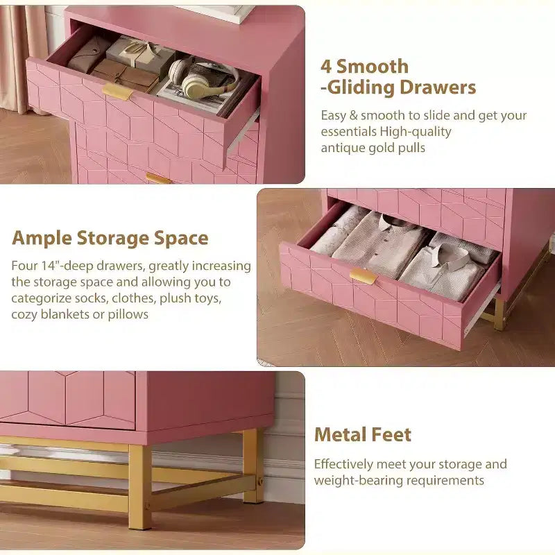 Cassettiera rosa per camera da letto, in legno con 4 cassetti e maniglie dorate, moderna, con vani portaoggetti, per corridoio e ingresso