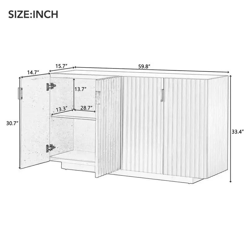 Credenza da 59.8'' con 4 ante ondulate e ripiani regolabili. Tavolo consolle per ingresso. Soggiorno. Sala da pranzo. Cucina