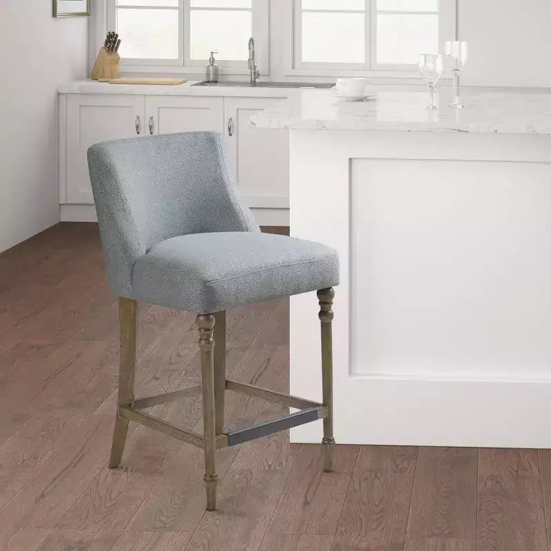 Sgabello imbottito da bancone blu: seduta quadrata, gambe in legno, tessuto in poliestere