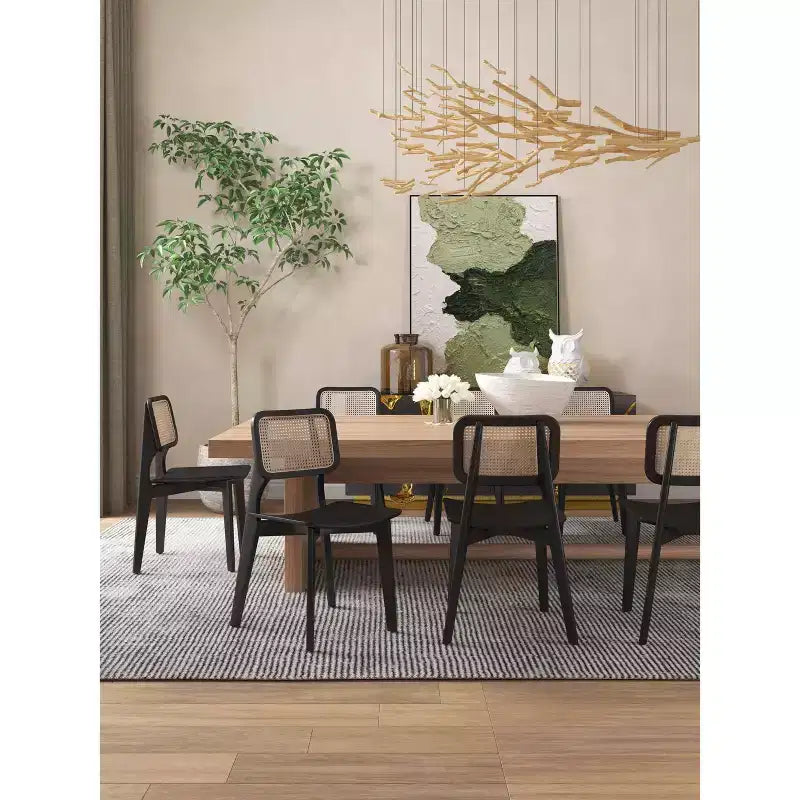 Set di 2 sedie da pranzo quadrate nere/naturali: struttura in legno di frassino, dettagli in rattan, seduta ergonomica