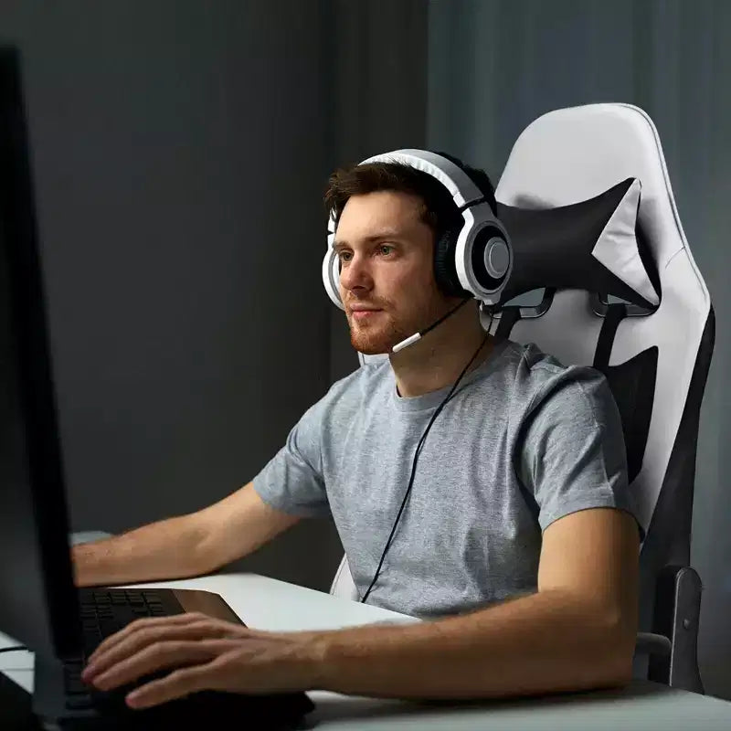 Sedia da gaming massaggiante reclinabile con poggiapiedi, bianca