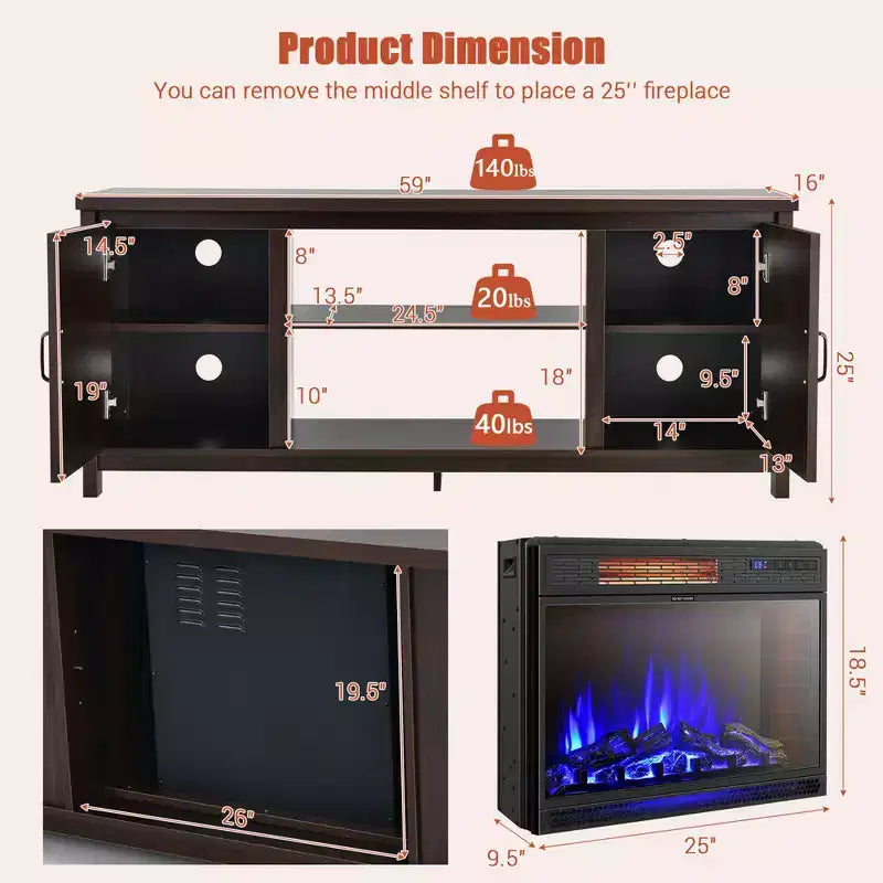 Mobile porta TV con camino da 59'' e stufa elettrica da 25'' da 1350W con telecomando