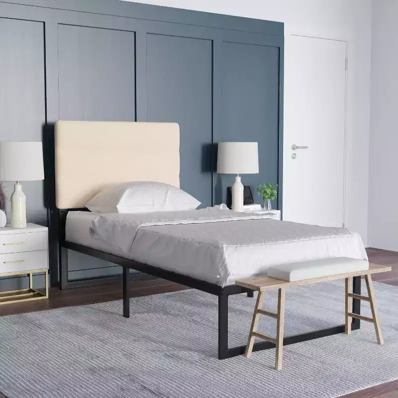 Modern Upholstered Headboard with Horizontal Line Stitching and Adjustable Height Rails