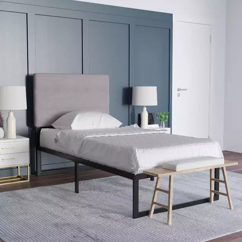 Modern Upholstered Headboard with Horizontal Line Stitching and Adjustable Height Rails