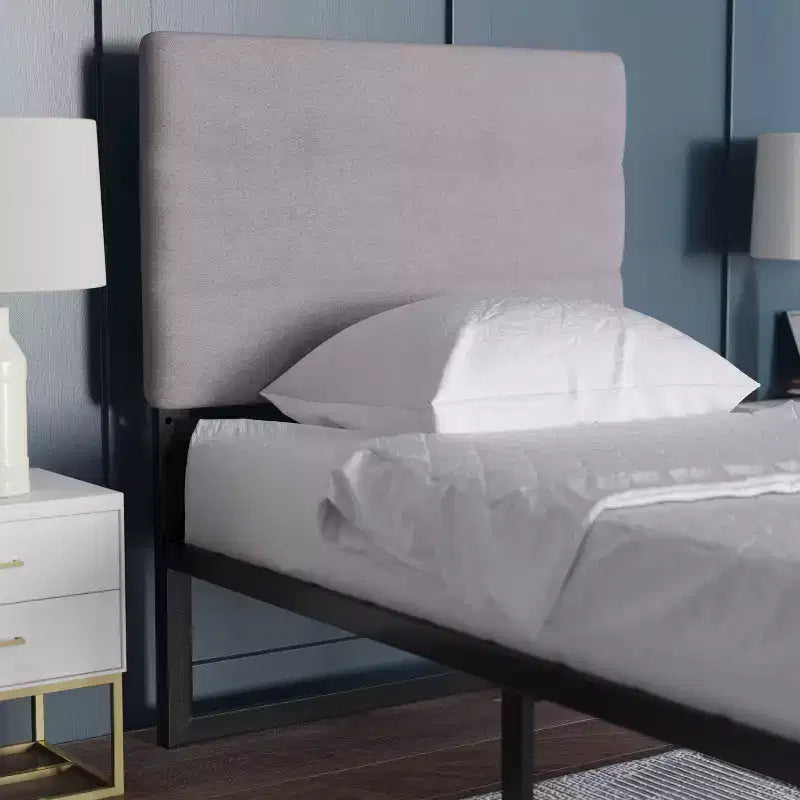 Modern Upholstered Headboard with Horizontal Line Stitching and Adjustable Height Rails