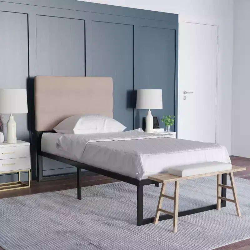 Modern Upholstered Headboard with Horizontal Line Stitching and Adjustable Height Rails